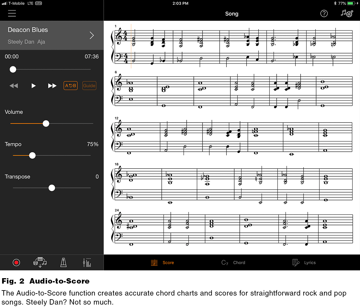 Fig. 2. The Audio-to-Score function creates accurate chord charts and scores for straightforward rock and pop songs. Steely Dan? Not so much.