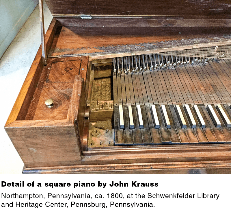 Detail of a square piano by John Krauss, Northampton, Pennsylvania, ca. 1800, at the Schwenkfelder Library and Heritage Center, Pennsburg, Pennsylvania.