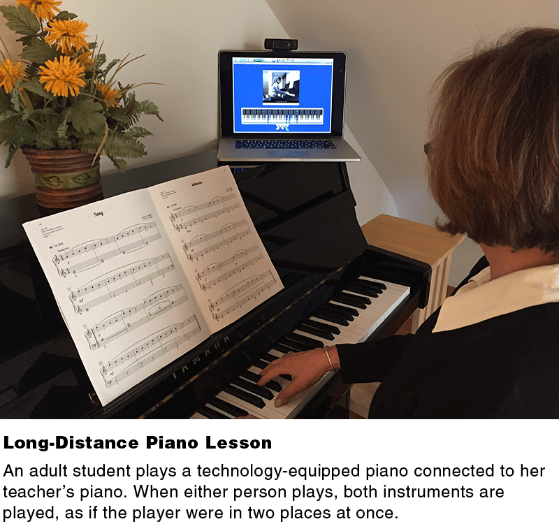 Long-Distance Piano Lesson. An adult student plays a technology-equipped piano connected to her teacher’s piano. When either person plays, both instruments are played, as if the player were in two places at once.