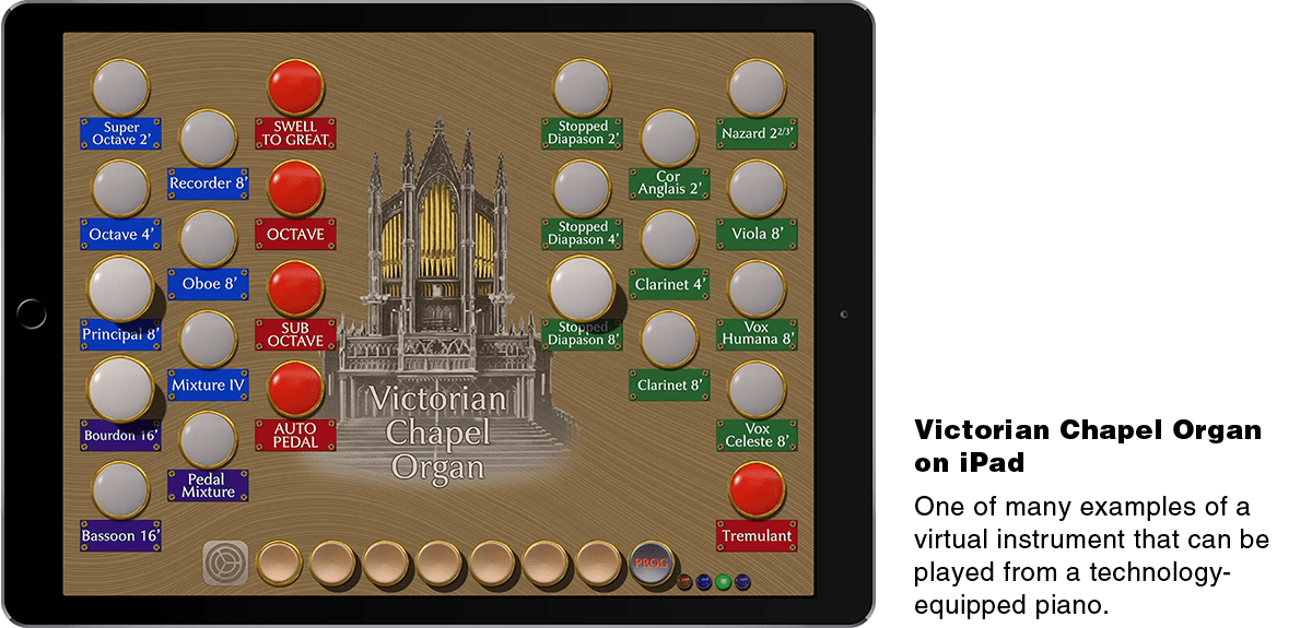 Victorian Chapel Organ on iPad. One of many examples of a virtual instrument that can be played from a technology-equipped piano.