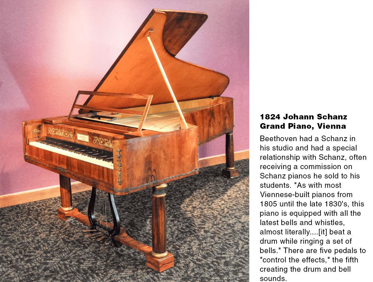 1824 Johann Schanz Grand Piano, Vienna. Beethoven had a Schanz in his studio and had a special relationship with Schanz, often receiving a commission on Schanz pianos he sold to his students. As with most Viennese-built pianos from 1805 until the late 1830's, this piano is equipped with all the latest bells and whistles, almost literally ... [it] beat a drum while ringing a set of bells. There are five pedals to ‘control the effects,’ the fifth creating the drum and bell sounds.