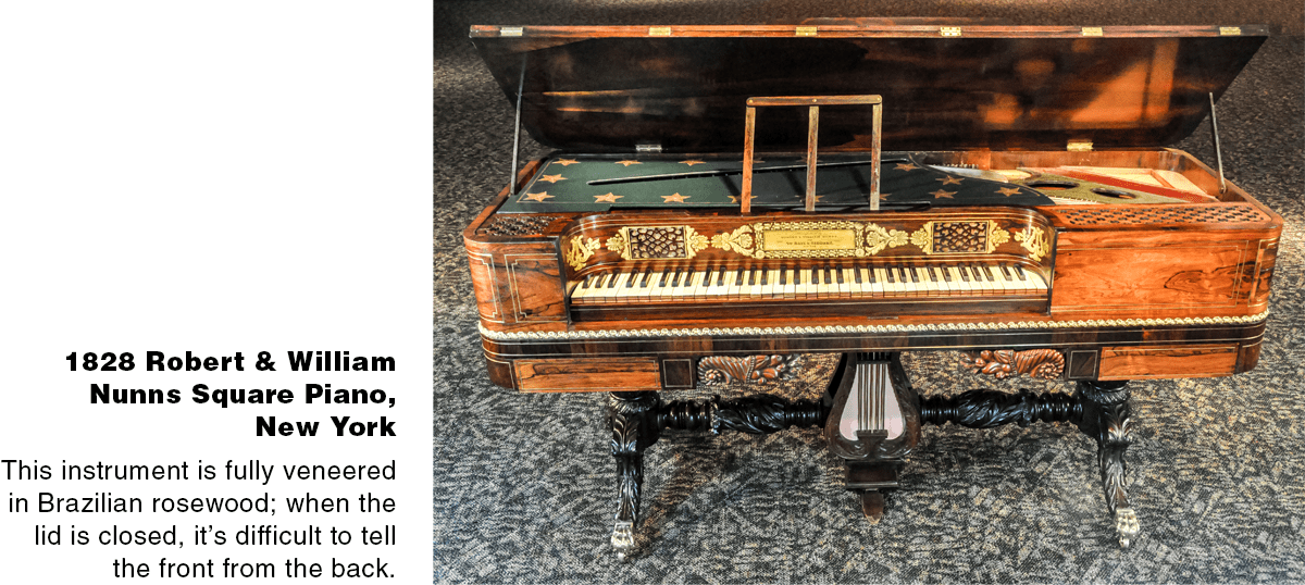 1828 Robert & William Nunns Square Piano, New York. Fully veneered in Brazilian rosewood, when the lid is closed, it is difficult to tell the front from the back.