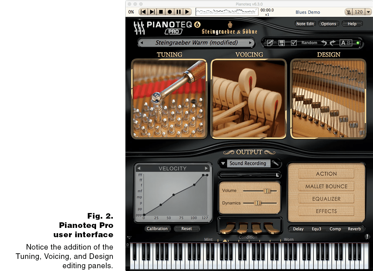 Fig. 2. Pianoteq Pro user interface. Notice the addition of the Tuning, Voicing, and Design editing panels.