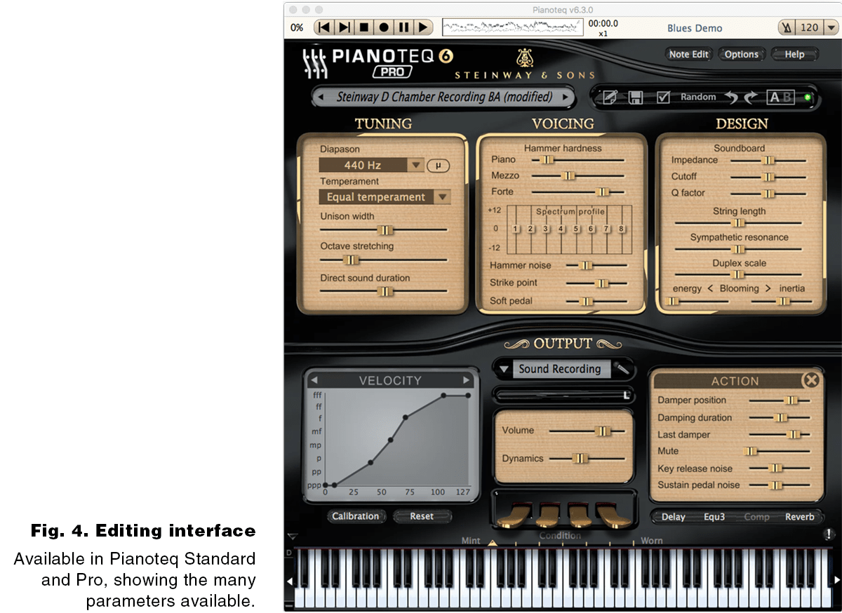Fig. 4. Editing interface available in Pianoteq Standard and Pro, showing the many parameters available.