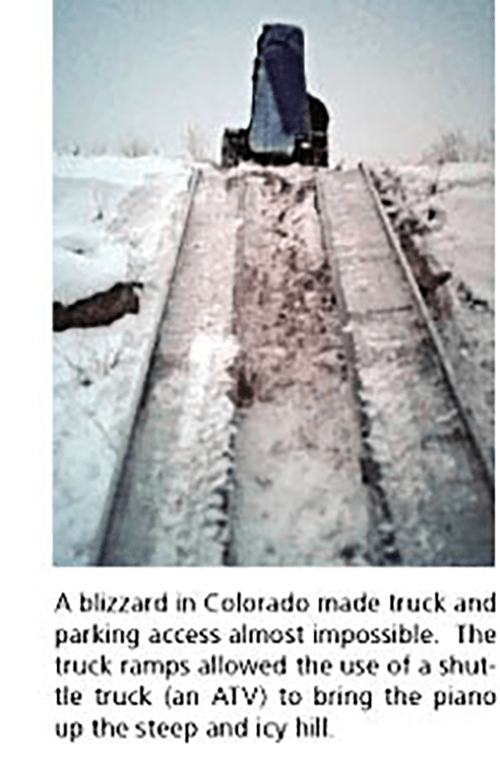 A blizzard in Colorado made truck and parking access almost impossible. The truck ramps allowed the use of a shuttle truck (an ATV) to bring the piano up the steep and icy hill.
