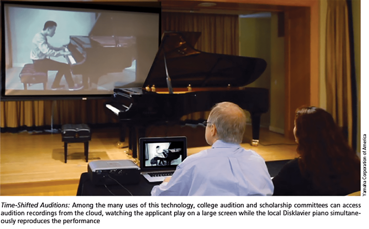 Time-Shifted Auditions: College audition and scholarship committees access audition recordings from the cloud, watching the applicant play on a large screen while the local Disklavier piano reproduces the performance.