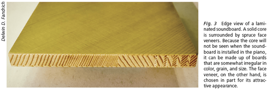 Edge view of a laminated soundboard. A solid core is surrounded by spruce face veneers. Because the core will not be seen when the soundboard is installed in the piano, it can be made up of boards that are somewhat irregular in color, grain, and size. The face veneer, on the other hand, is chosen in part for its attractive appearance. (Delwin D. Fandrich)