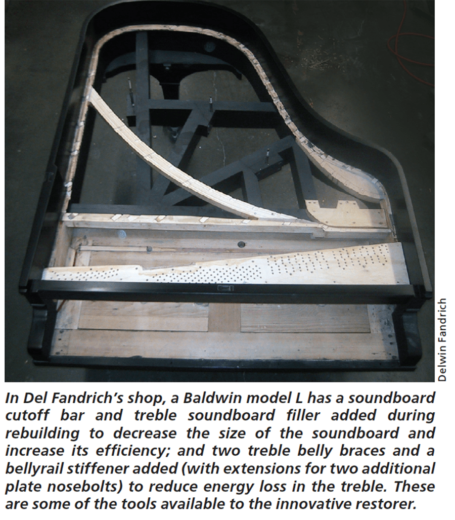 In Del Fandrich's shop, a Baldwin model L has a soundboard cutoff bar and treble soundboard filler added during rebuilding to decrease the size of the soundboard and increase its efficiency; and two treble belly braces and a bellyrail stiffener added (with extensions for two additional plate nosebolts) to reduce energy loss in the treble. These are some of the tools available to the innovative restorer. Source: Delwin Fandrich.