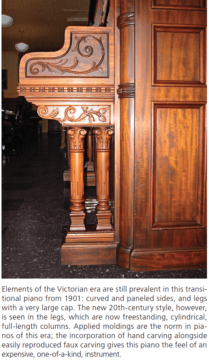 Elements of the Victorian era are still prevalent in this transitional piano from 1901: curved and paneled sides, and legs with a very large cap. The new 20th-century style, however, is seen in the legs, which are now freestanding, cylindrical, full-length columns. Applied moldings are the norm in pianos of this era; the incorporation of hand carving alongside easily reproduced faux carving gives this piano the feel of an expensive, one-of-a-kind, instrument.