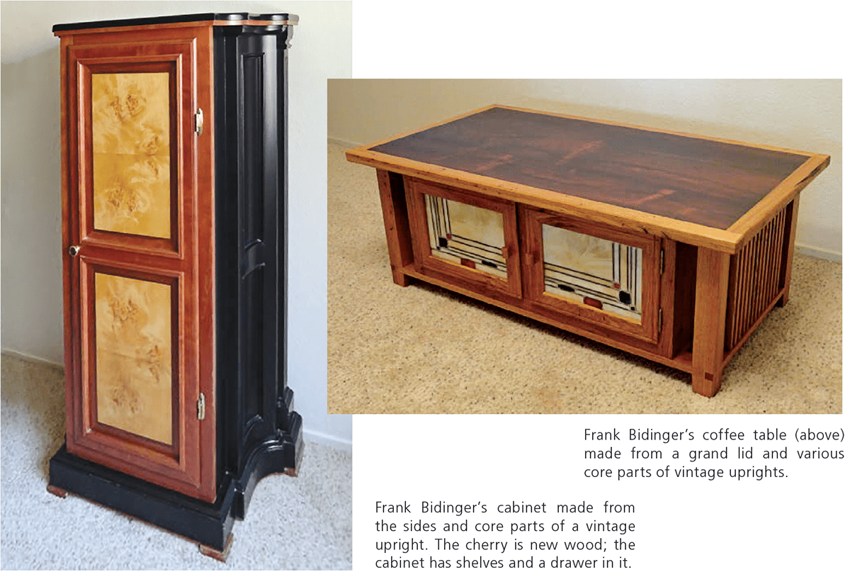 Frank Bidinger's cabinet made from the sides and core parts of a vintage upright. The cherry is new wood; the cabinet has shelves and a drawer in it. Frank Bidinger's coffee table made from a grand lid and various core parts of vintage uprights
