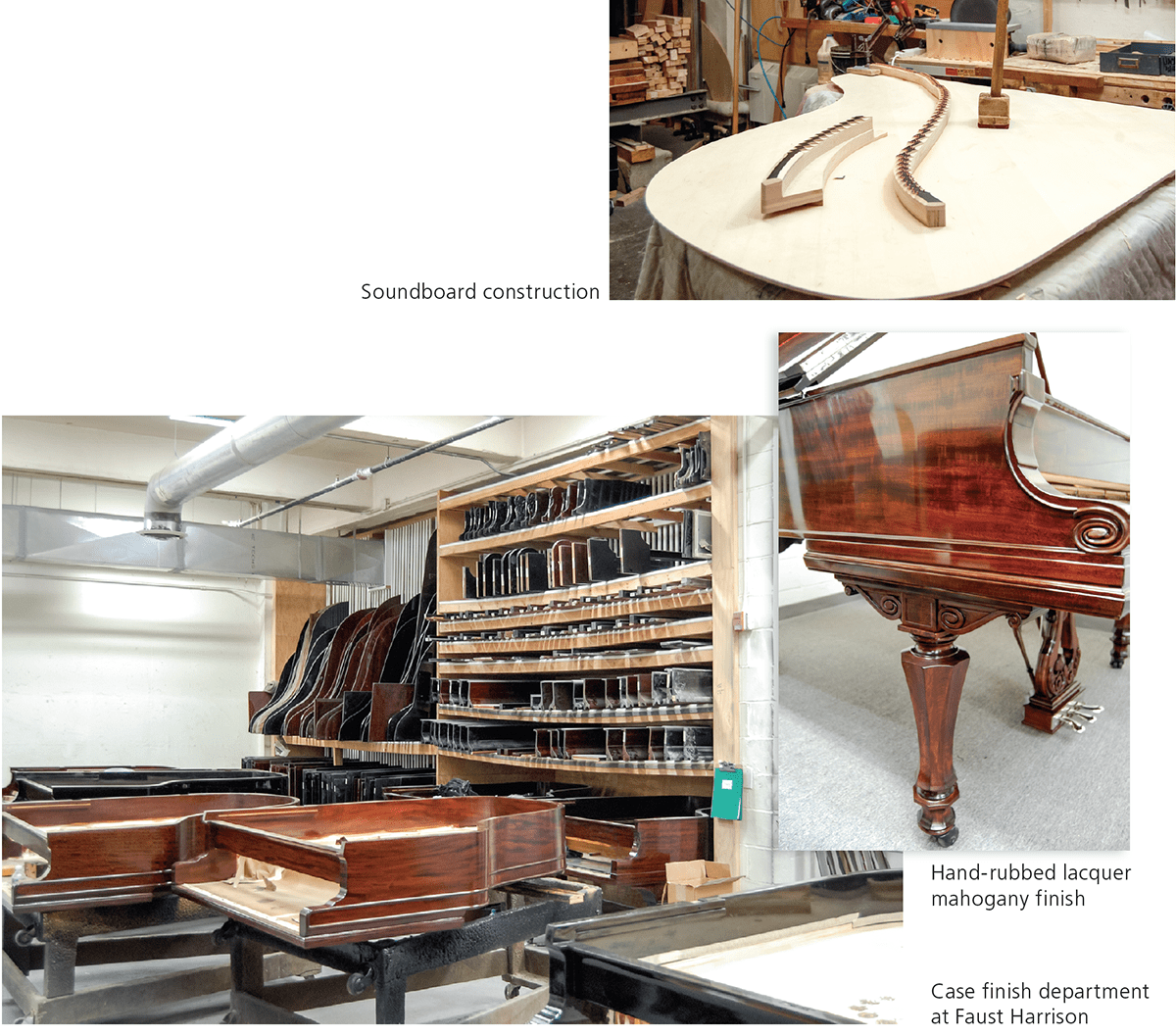 Soundboard construction. Hand-rubbed lacquer mahogany finish. Case finish department at Faust Harrison.
