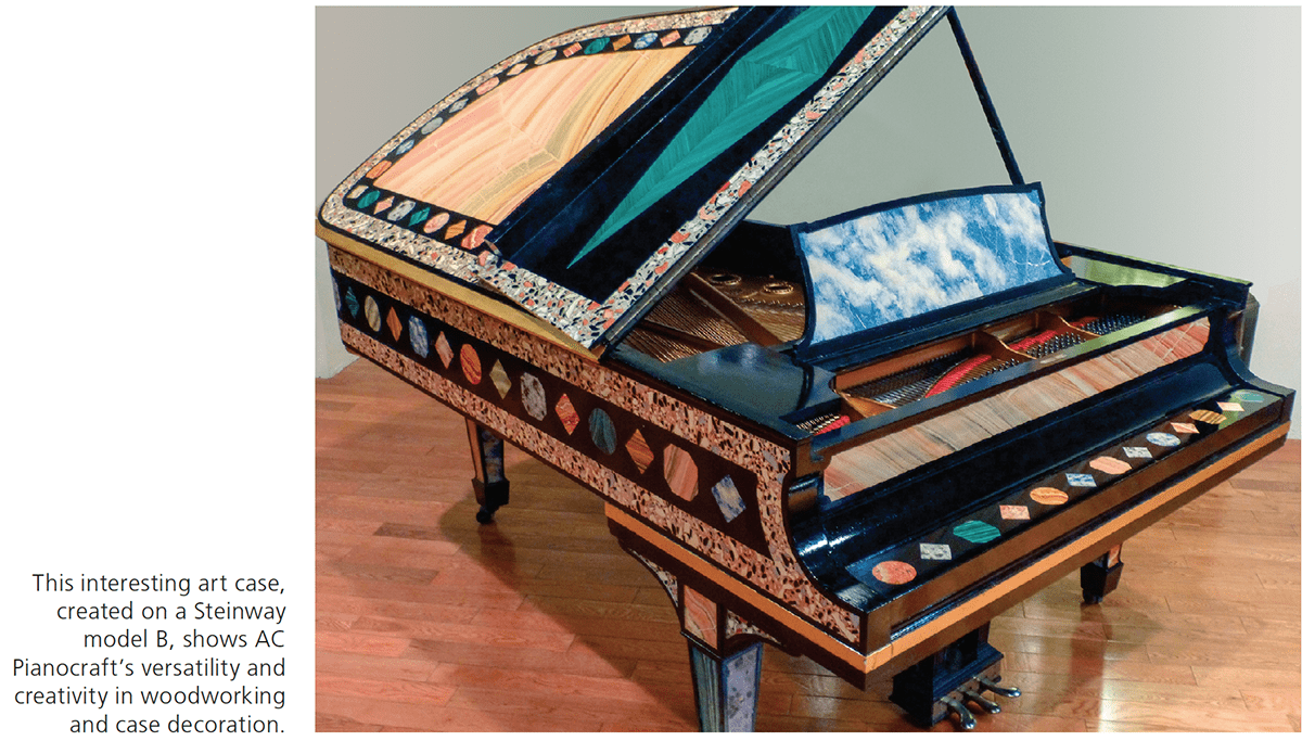 This interesting art case, created on a Steinway model B, shows AC Pianocraft's versatility and creativity in woodworking and case decoration. 